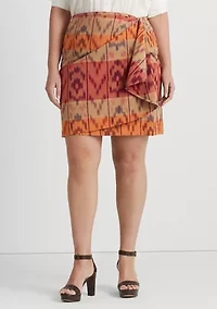 Plus-Size Geo-Motif Cotton-Linen Wrap Skirt