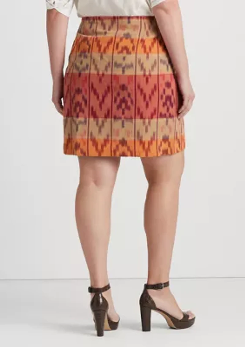 Plus-Size Geo-Motif Cotton-Linen Wrap Skirt