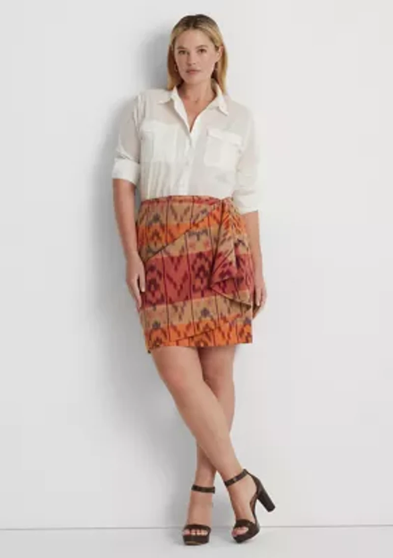Plus-Size Geo-Motif Cotton-Linen Wrap Skirt