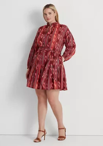 Plus Geo Stripe Belted Cotton Voile Dress