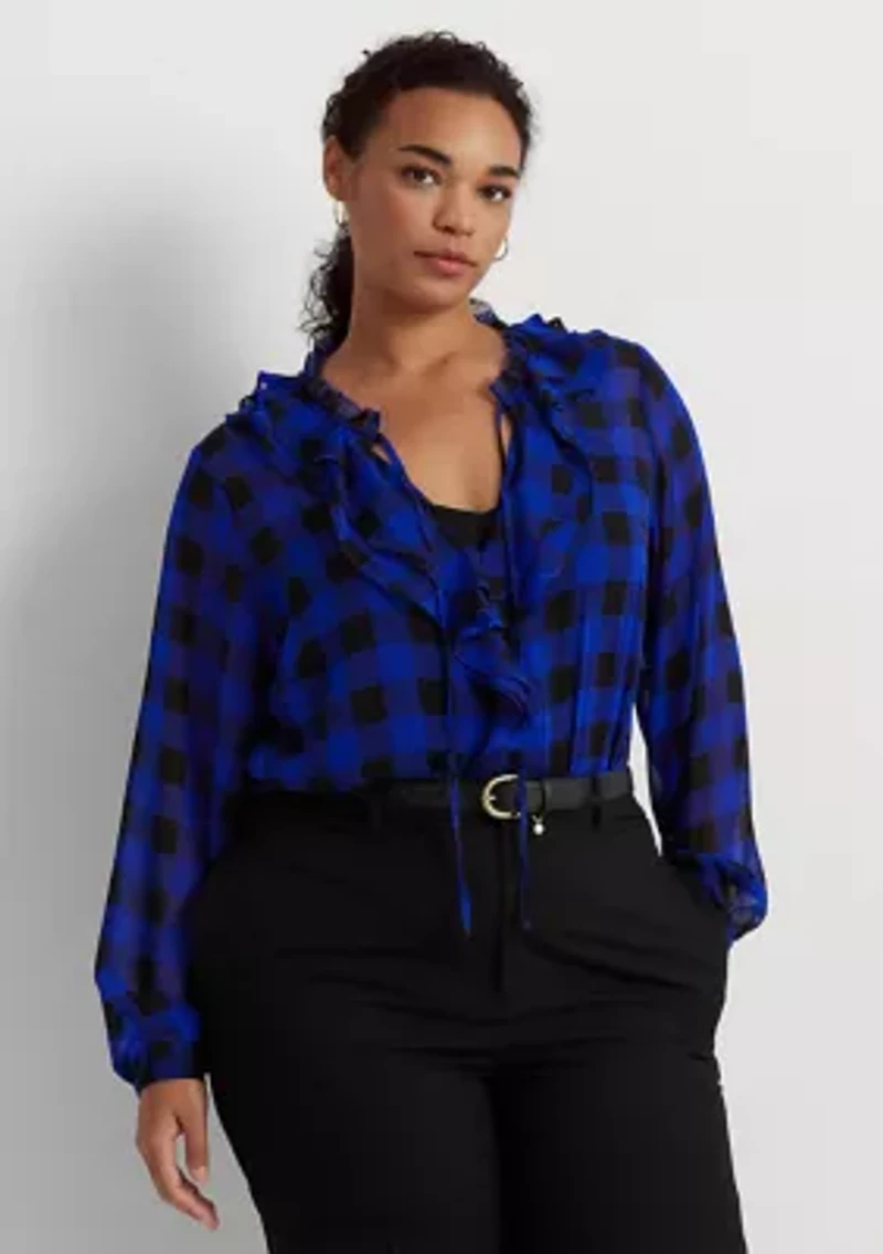Plus Buffalo Check Ruffled Georgette Blouse