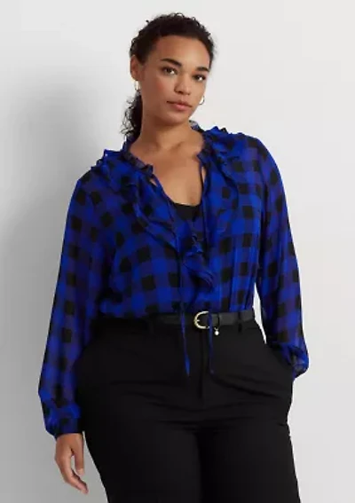 Plus Buffalo Check Ruffled Georgette Blouse