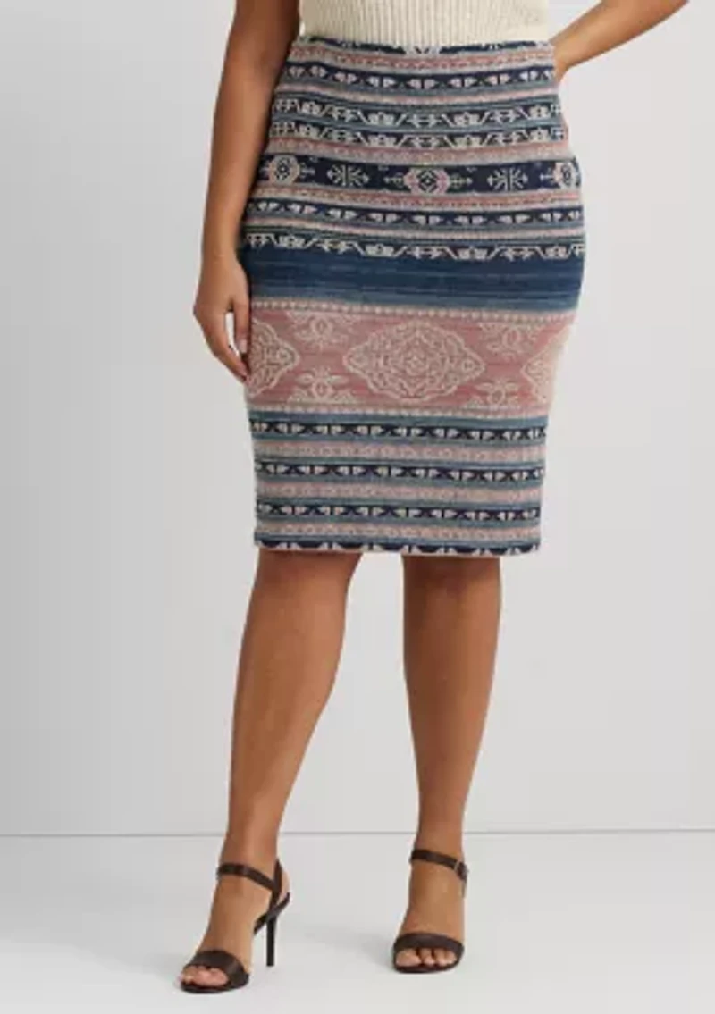 Plus-Size Geo-Motif Linen-Cotton Pencil Skirt