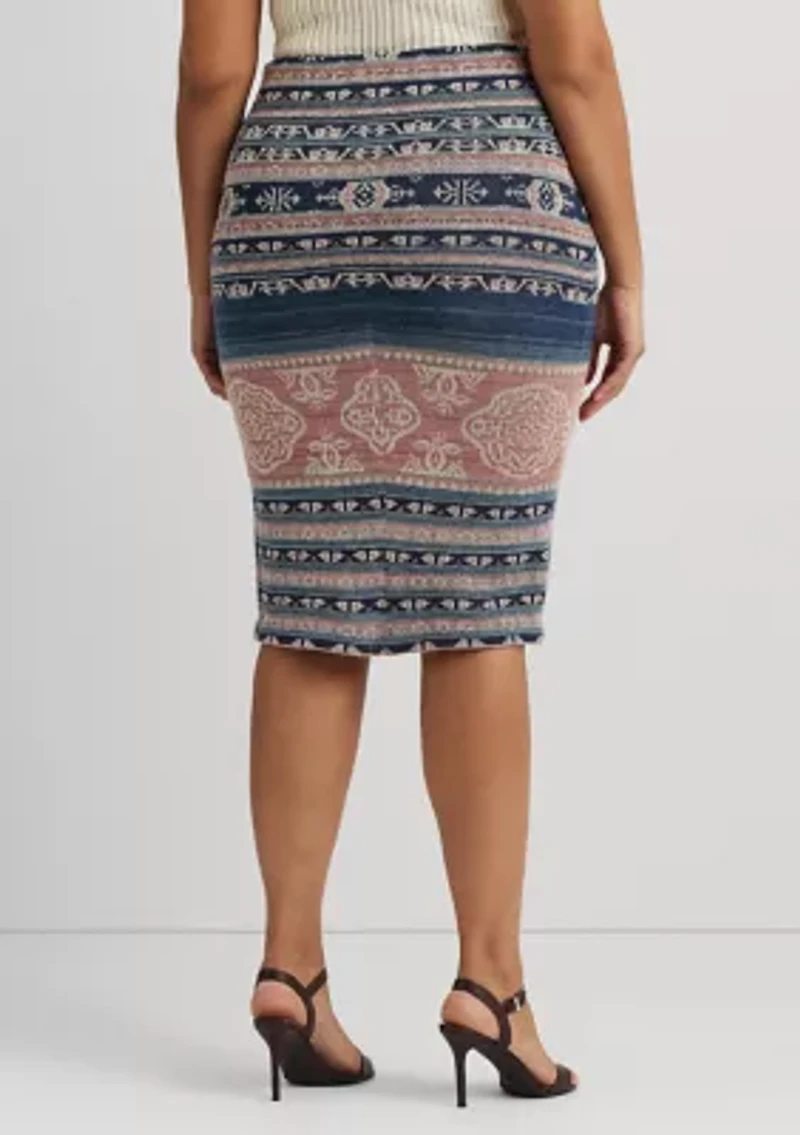 Plus-Size Geo-Motif Linen-Cotton Pencil Skirt