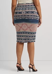 Plus-Size Geo-Motif Linen-Cotton Pencil Skirt