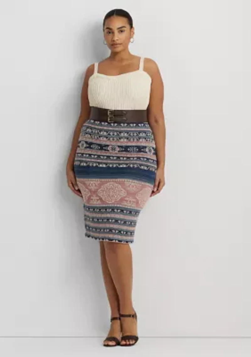 Plus-Size Geo-Motif Linen-Cotton Pencil Skirt