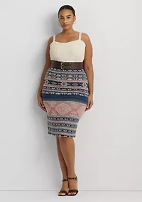 Plus-Size Geo-Motif Linen-Cotton Pencil Skirt
