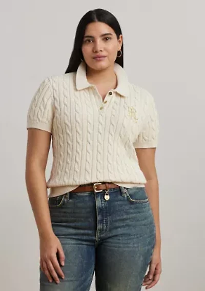 Plus Cable Knit Cotton Polo Sweater