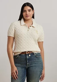 Plus Cable Knit Cotton Polo Sweater