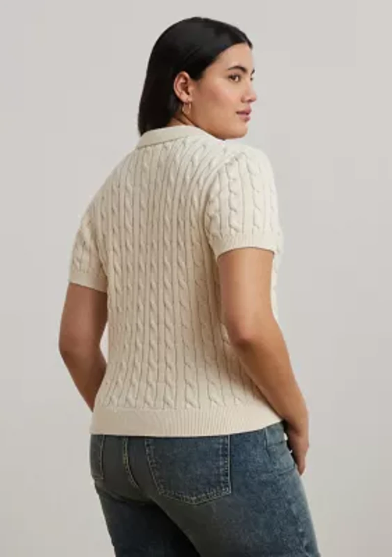Plus Cable Knit Cotton Polo Sweater