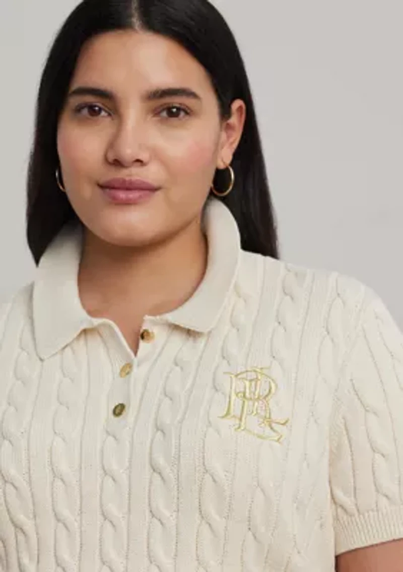 Plus Cable Knit Cotton Polo Sweater