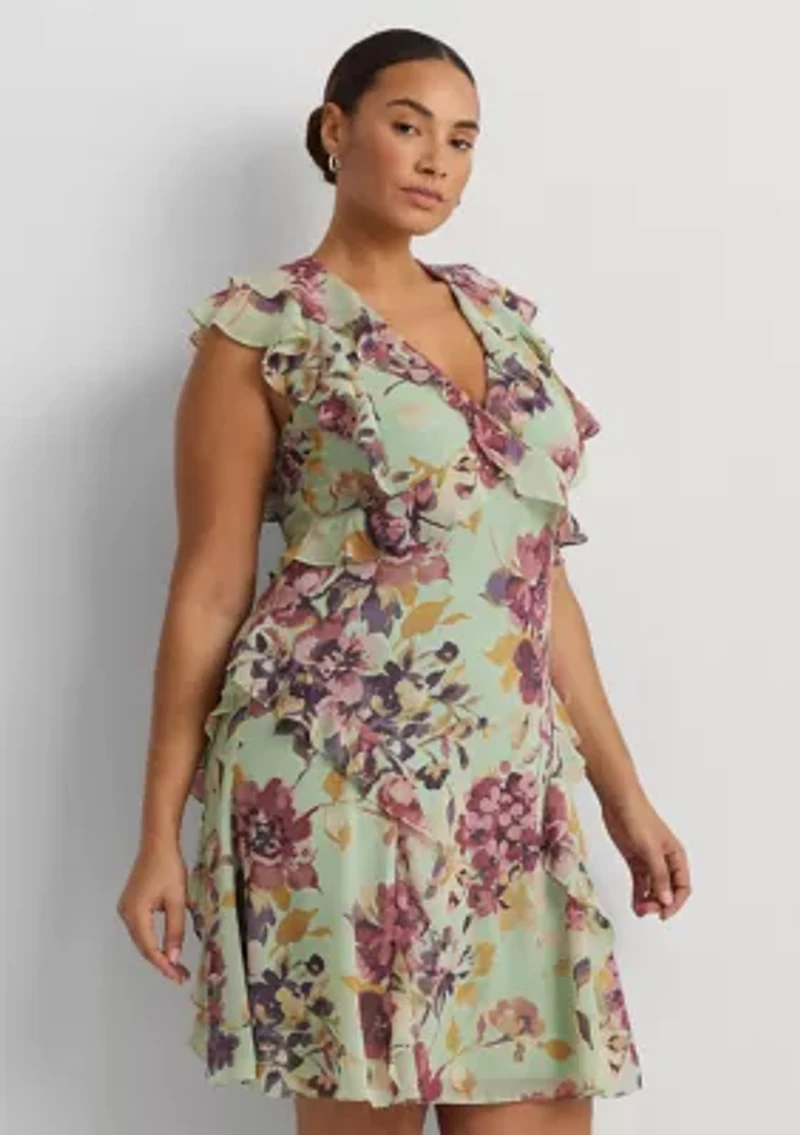 Plus Floral Ruffle-Trim Georgette Dress
