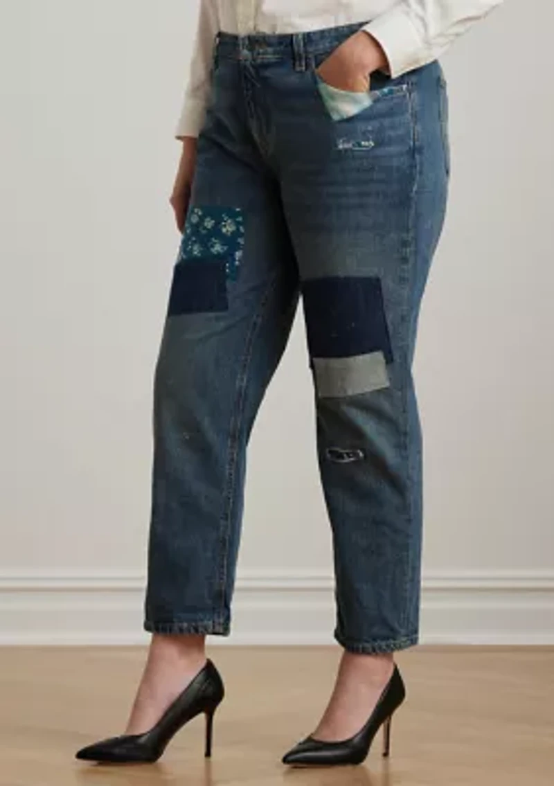 Plus Patchwork Boyfriend Tapered Ankle Jeans