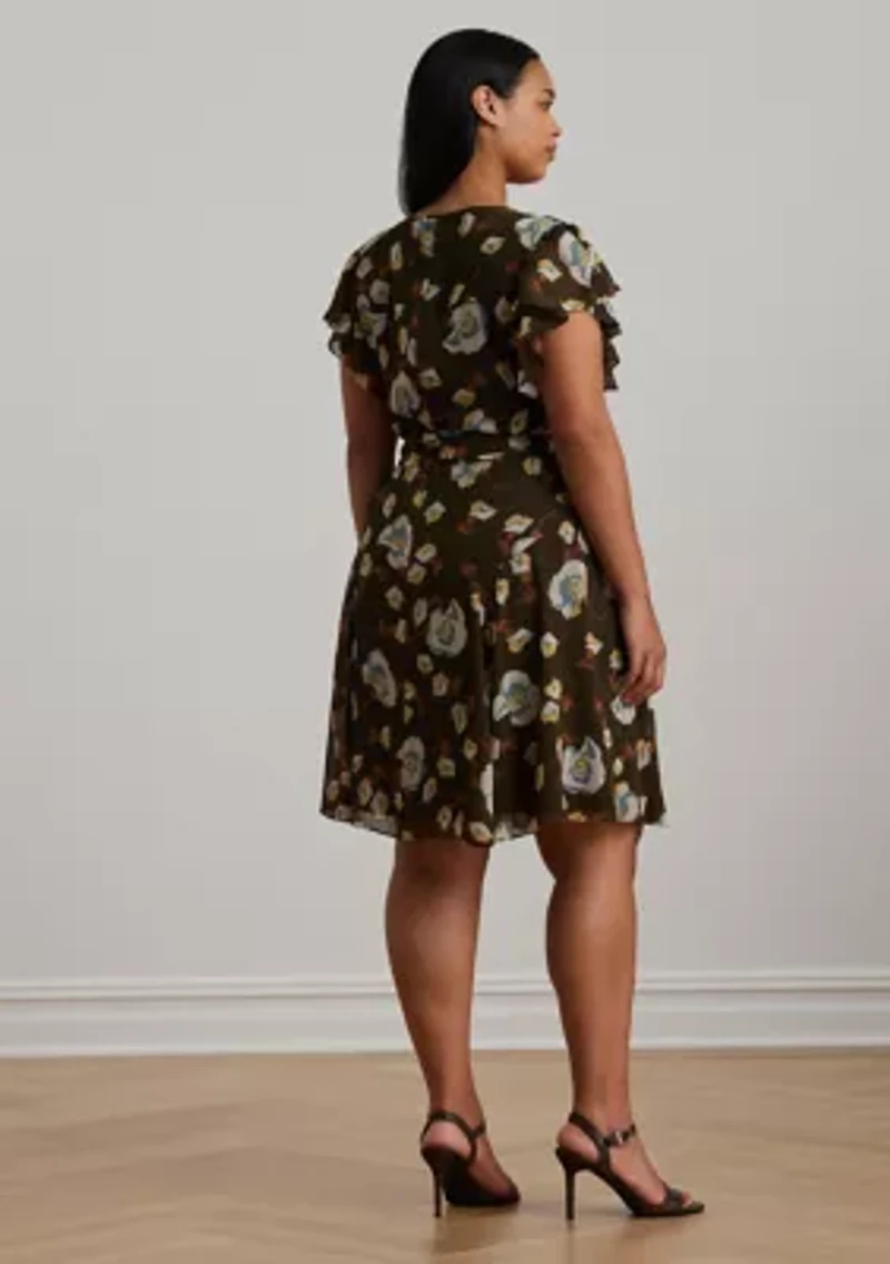 Plus Floral Georgette Flutter-Sleeve Dress