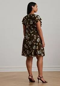 Plus Floral Georgette Flutter-Sleeve Dress