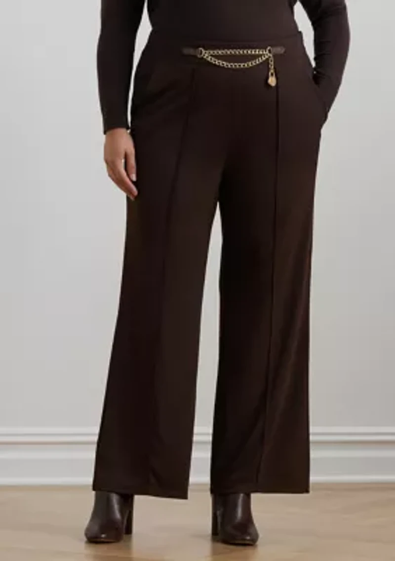 Plus Chain-Trim Pleated Jersey Wide-Leg Pants