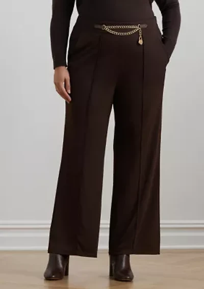 Plus Chain-Trim Pleated Jersey Wide-Leg Pants