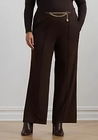 Plus Chain-Trim Pleated Jersey Wide-Leg Pants