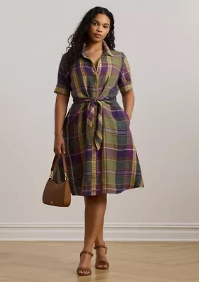 Plus Plaid Tie Front Linen Shirtdress