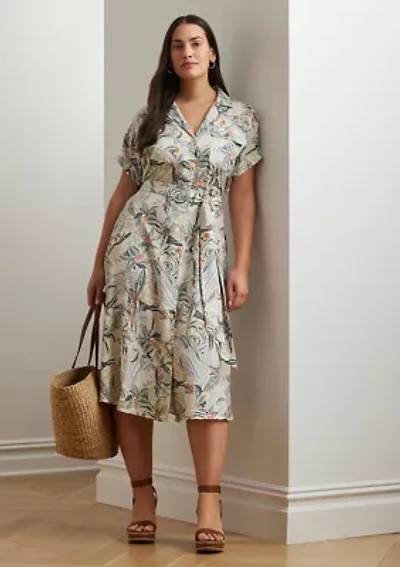Plus Print Belted Crepe Camp Shirtdress