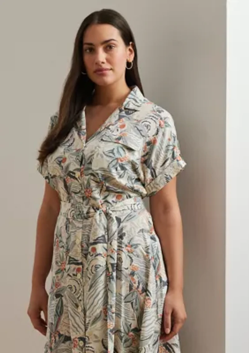 Plus Print Belted Crepe Camp Shirtdress