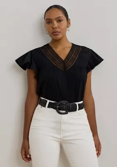 Plus Lace Trim Jersey Flutter Sleeve T-Shirt