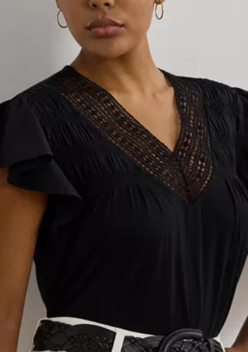 Plus Lace Trim Jersey Flutter Sleeve T-Shirt