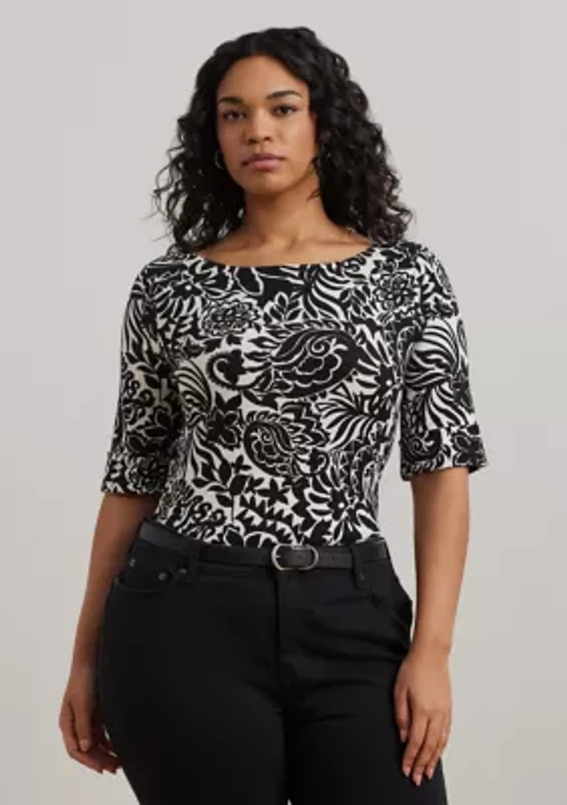 Plus Floral Stretch Cotton Boat Neck T-Shirt