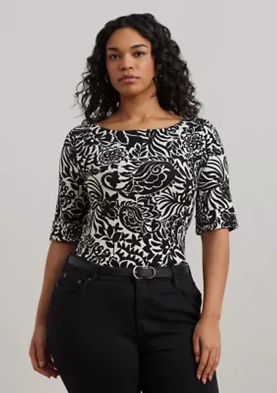 Plus Floral Stretch Cotton Boat Neck T-Shirt
