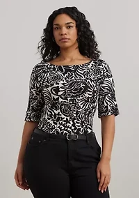 Plus Floral Stretch Cotton Boat Neck T-Shirt