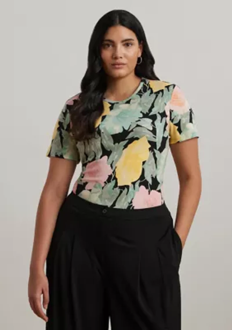 Plus Floral Stretch Cotton Crew Neck T-Shirt
