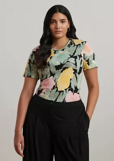 Plus Floral Stretch Cotton Crew Neck T-Shirt