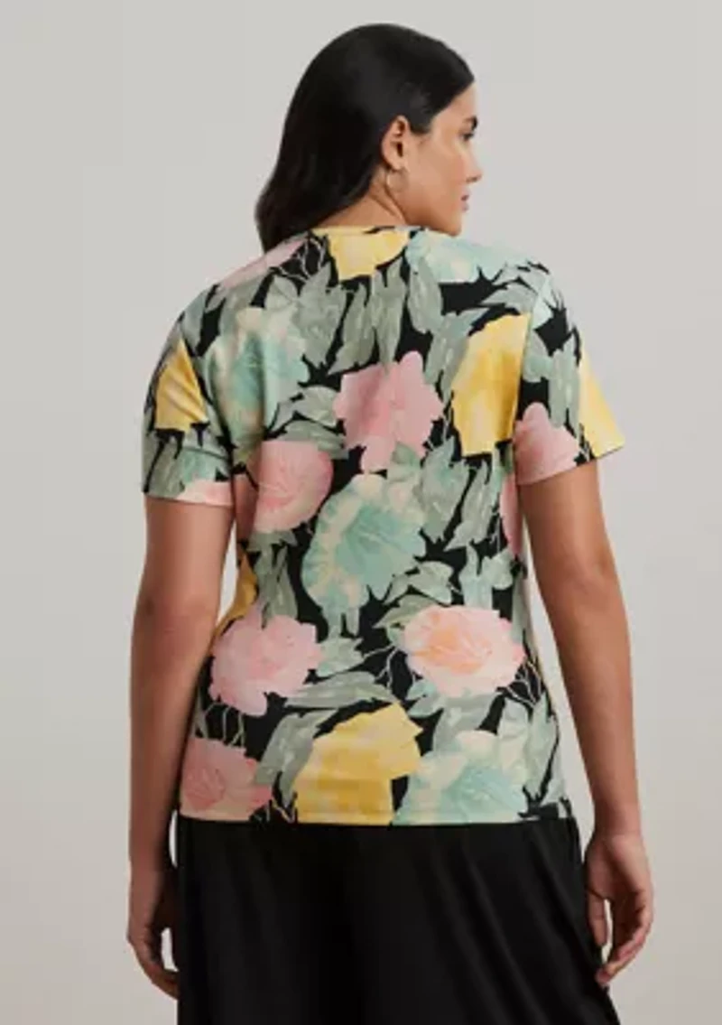 Plus Floral Stretch Cotton Crew Neck T-Shirt