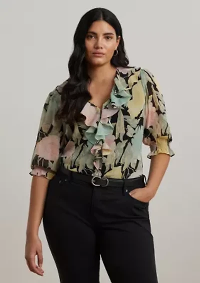 Plus Floral Georgette Ruffle Trim Blouse