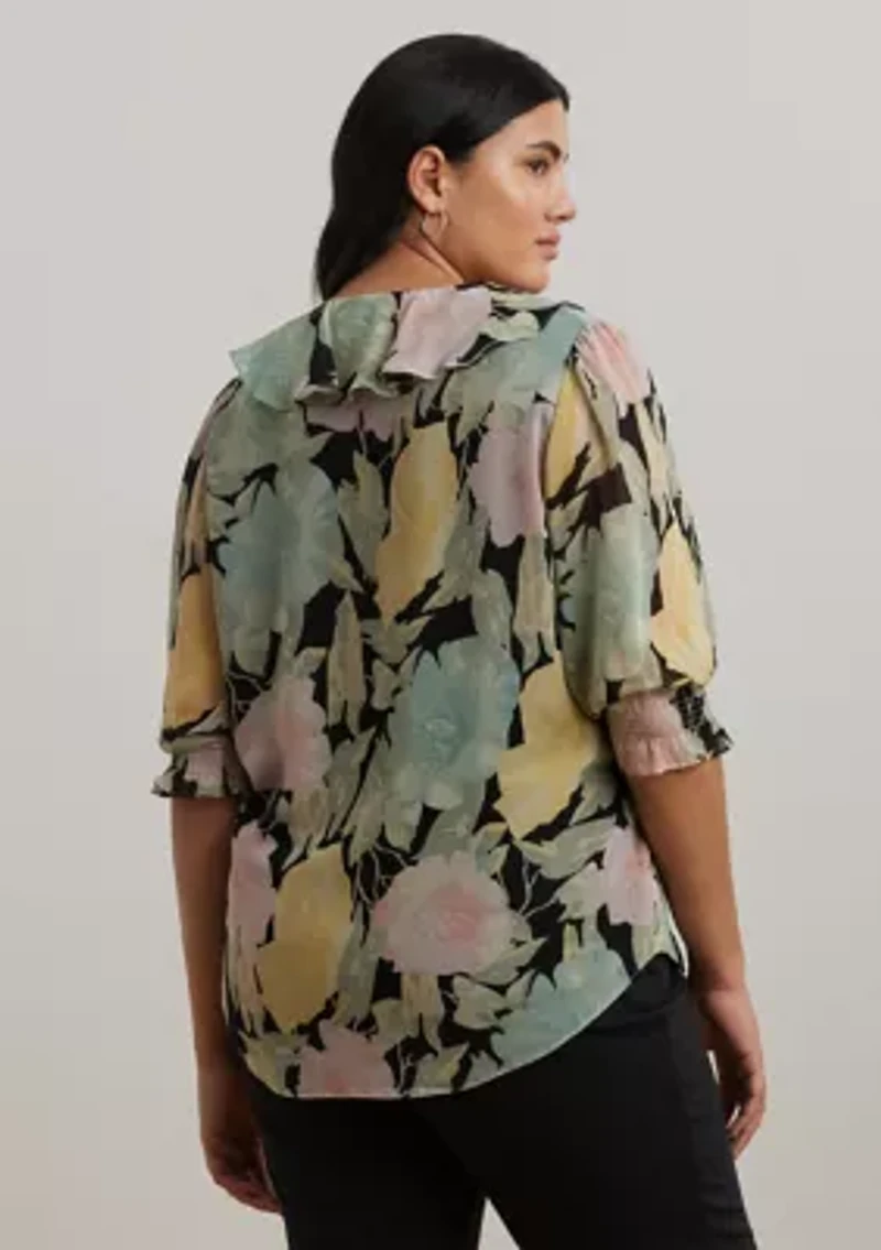 Plus Floral Georgette Ruffle Trim Blouse