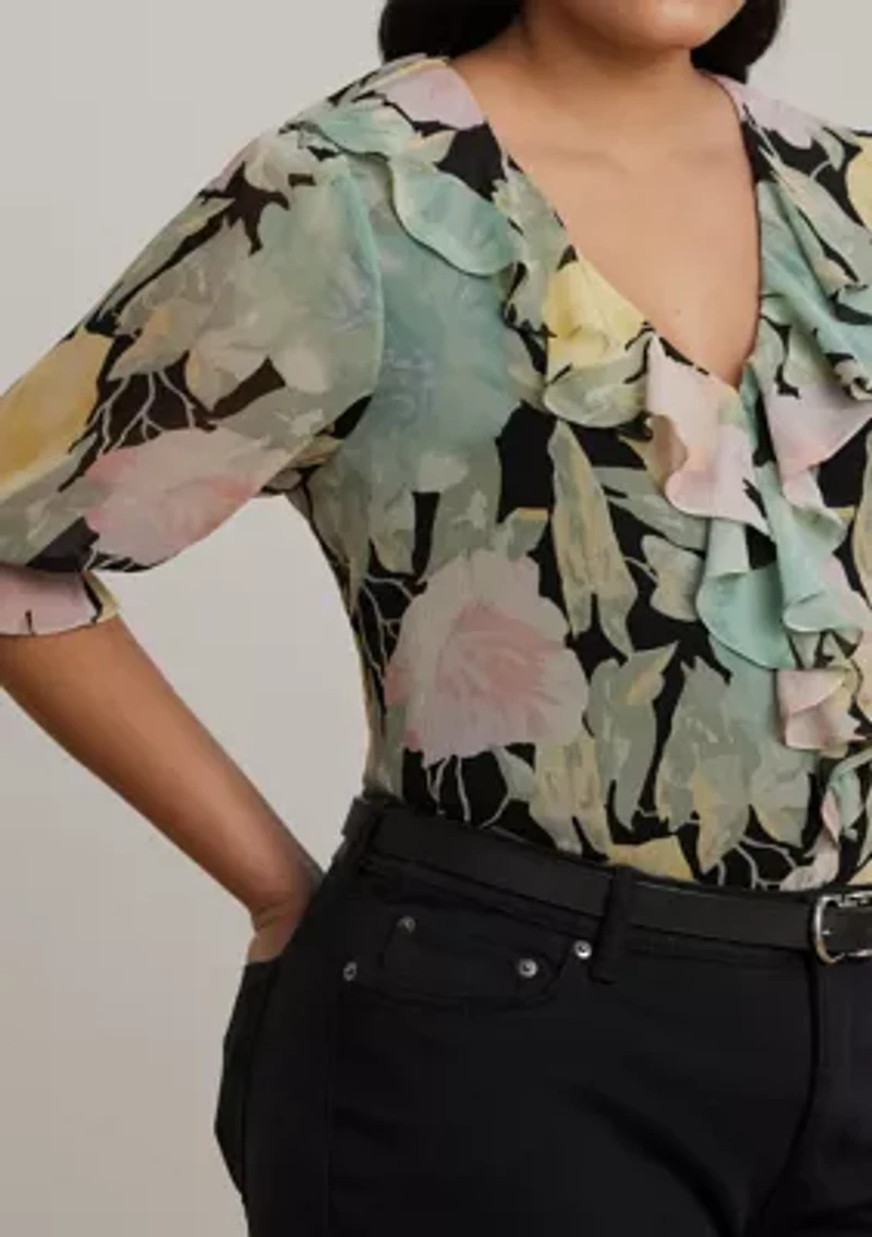 Plus Floral Georgette Ruffle Trim Blouse