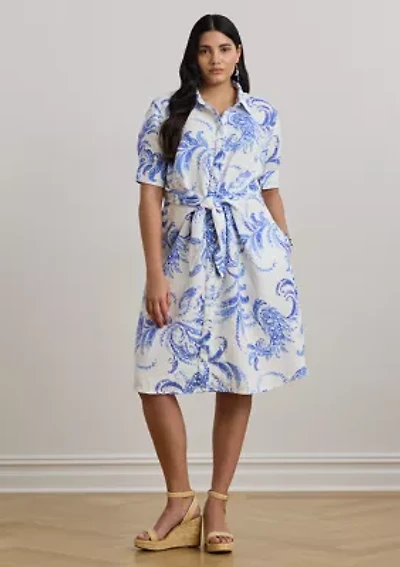 Plus Paisley Tie Front Linen Shirtdress