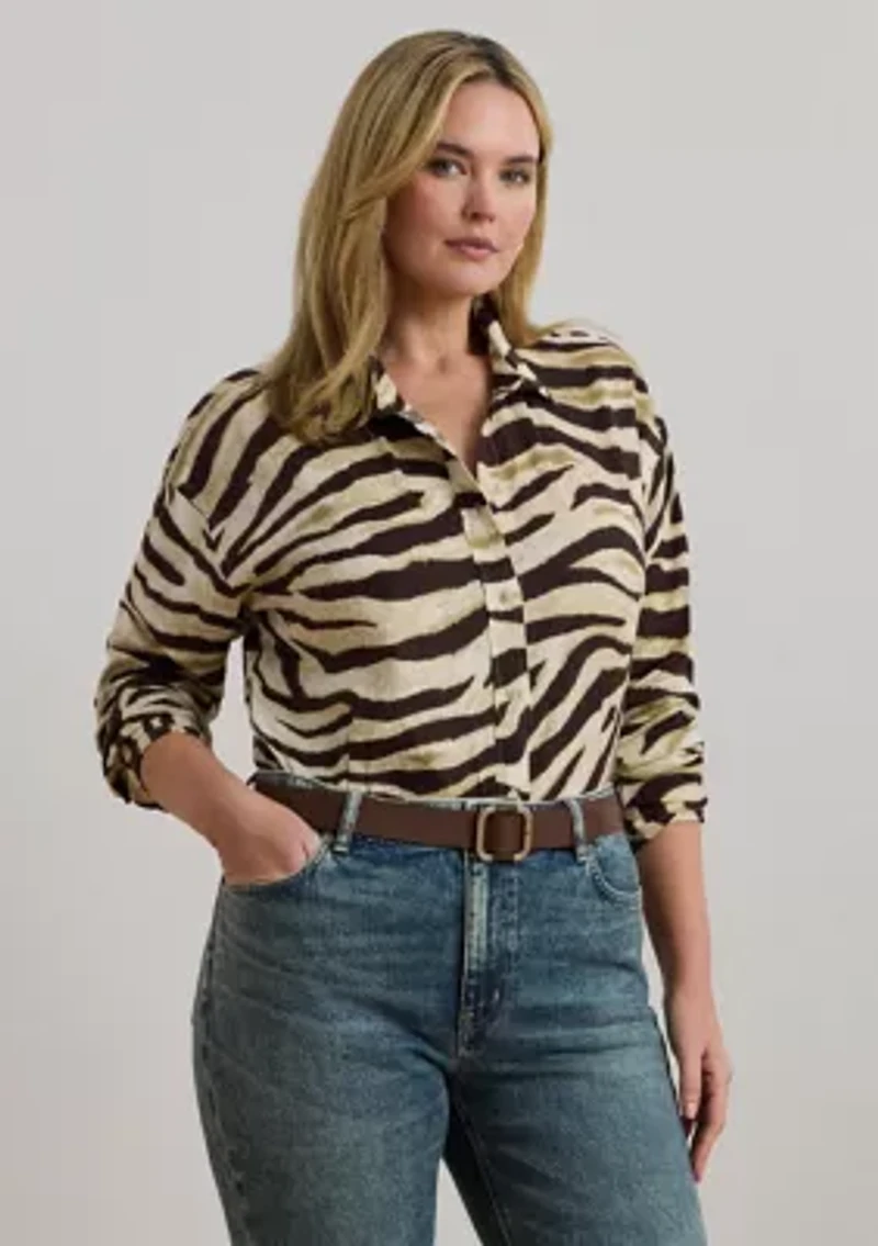 Plus Relaxed Fit Zebra-Print Linen Shirt