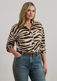 Plus Relaxed Fit Zebra-Print Linen Shirt