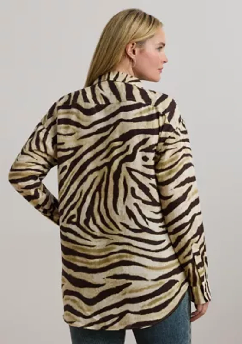 Plus Relaxed Fit Zebra-Print Linen Shirt