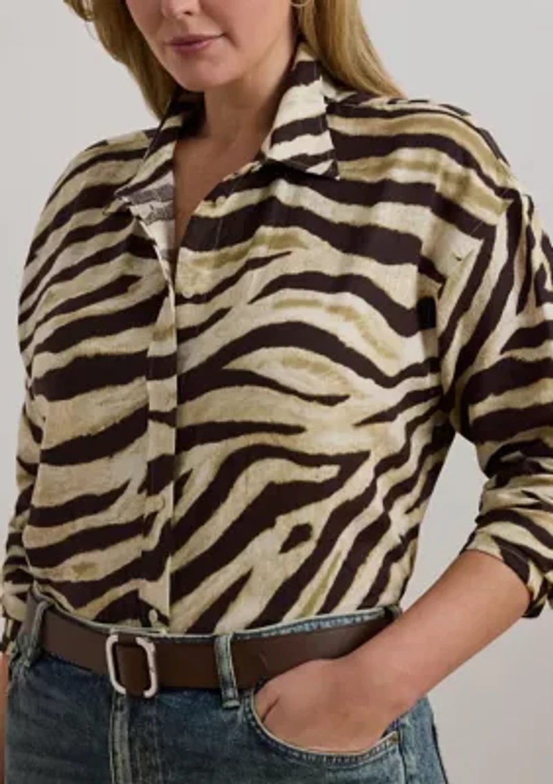 Plus Relaxed Fit Zebra-Print Linen Shirt