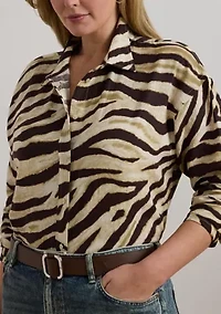 Plus Relaxed Fit Zebra-Print Linen Shirt