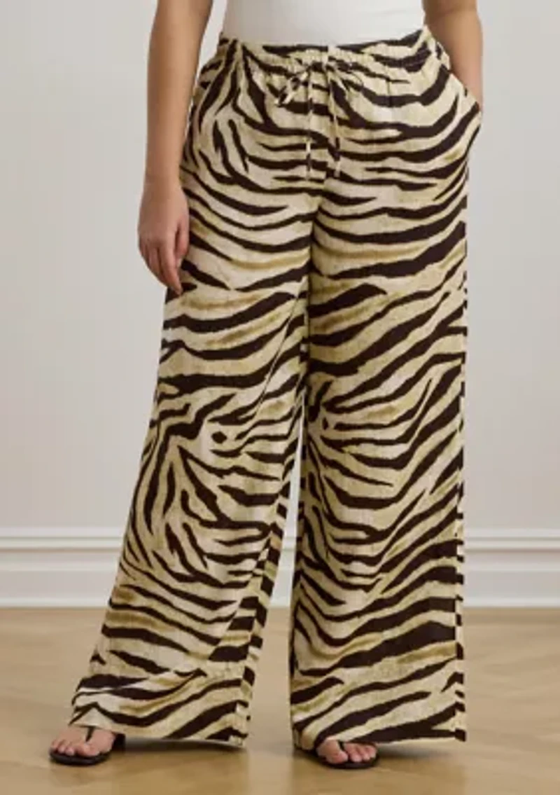 Plus Zebra-Print Linen Wide-Leg Pant