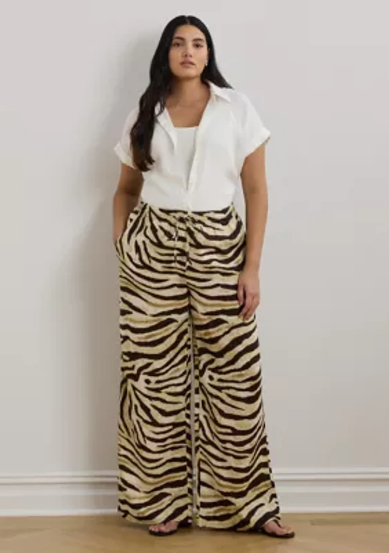 Plus Zebra-Print Linen Wide-Leg Pant