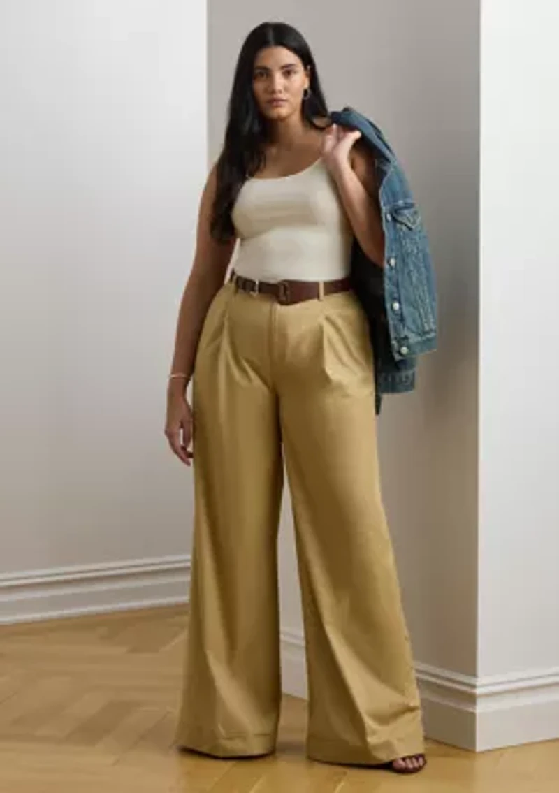 Women's Pleated Cotton Twill Wide Leg Pants