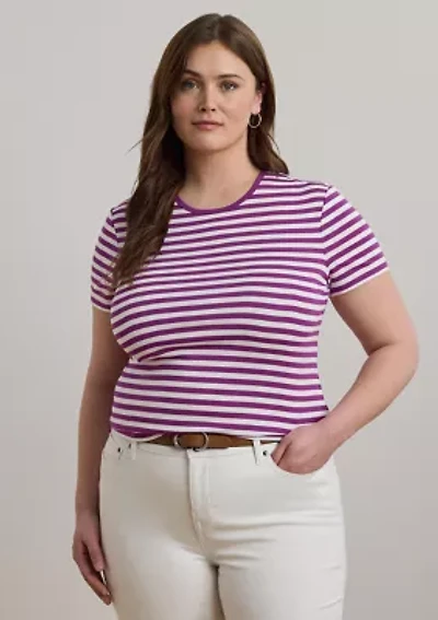 Plus Striped Stretch Cotton Crew Neck T-Shirt