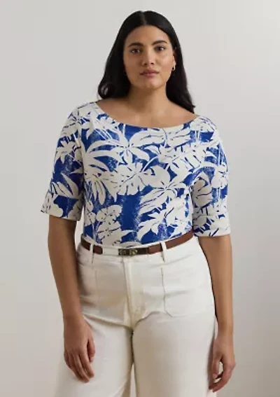 Plus Palm Frond Print Cotton Boat Neck T-Shirt