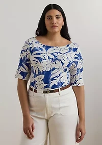 Plus Palm Frond Print Cotton Boat Neck T-Shirt