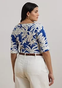 Plus Palm Frond Print Cotton Boat Neck T-Shirt