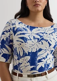 Plus Palm Frond Print Cotton Boat Neck T-Shirt